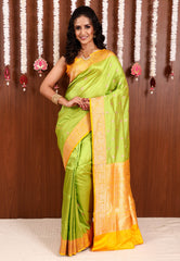 Parrot Green with Yellow Border Kadwa Katan Silk Saree With Blouse Piece - Adi Akshoy & Co.