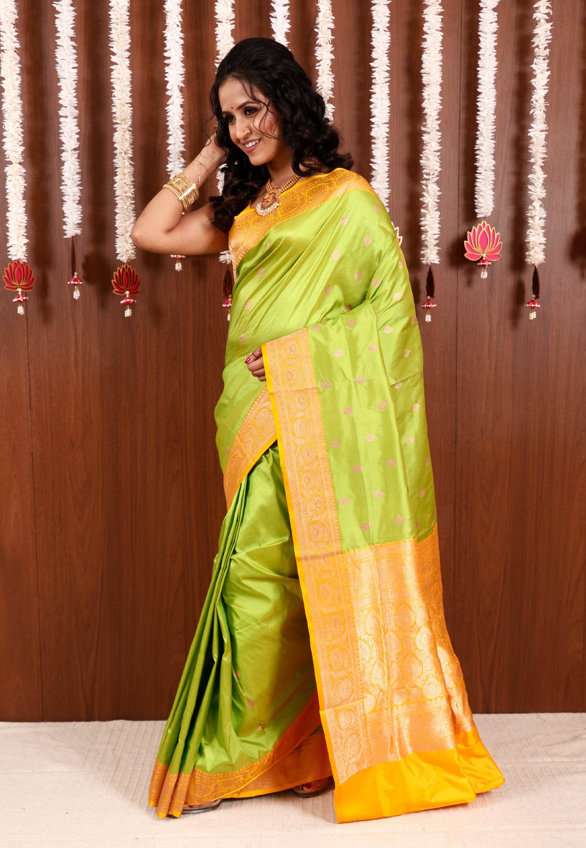 Parrot Green with Yellow Border Kadwa Katan Silk Saree With Blouse Piece - Adi Akshoy & Co.