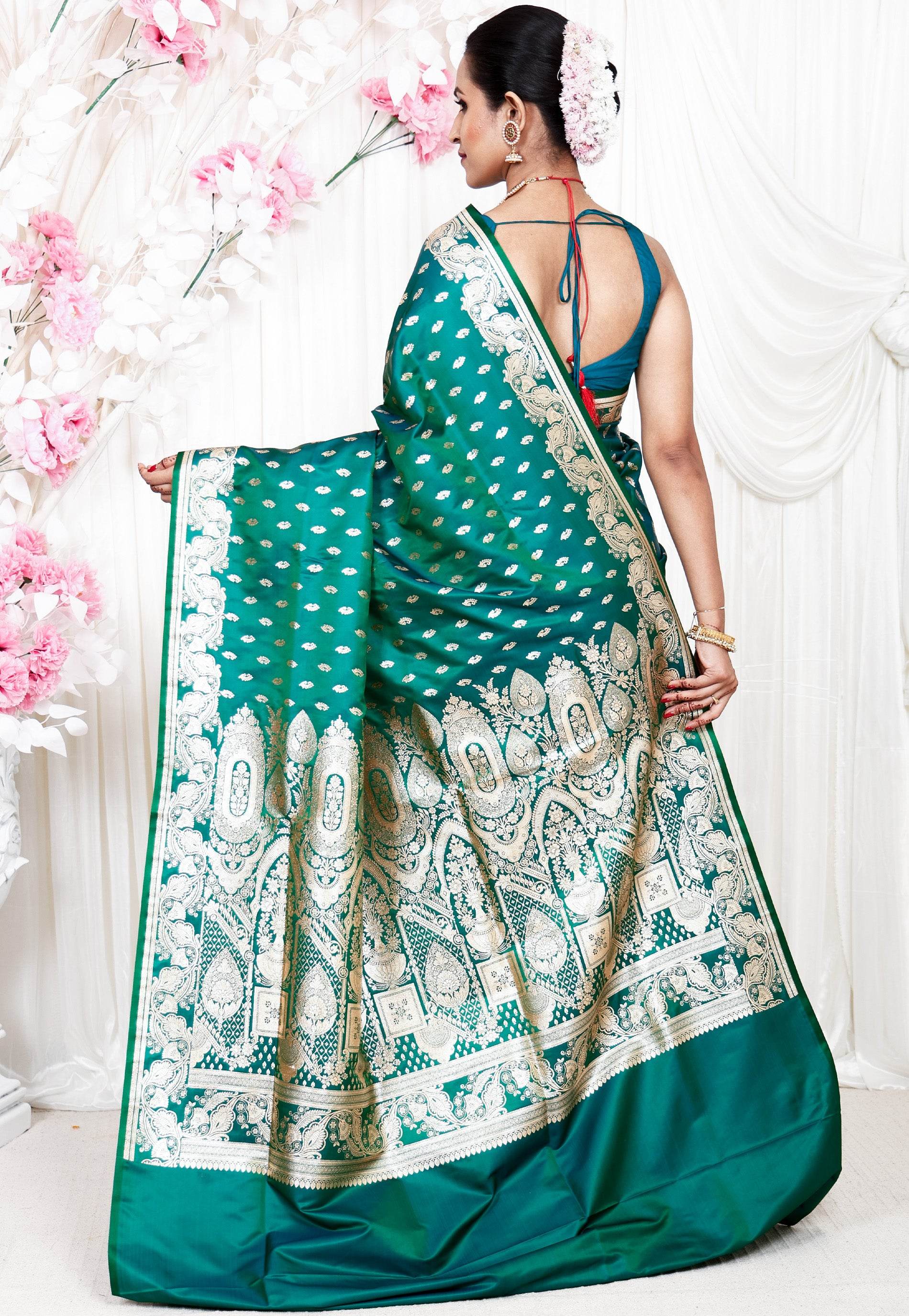 Dual Shades of Green and Blue Wedding Banarasi Silk Saree with Blouse Piece - Adi Akshoy & Co.
