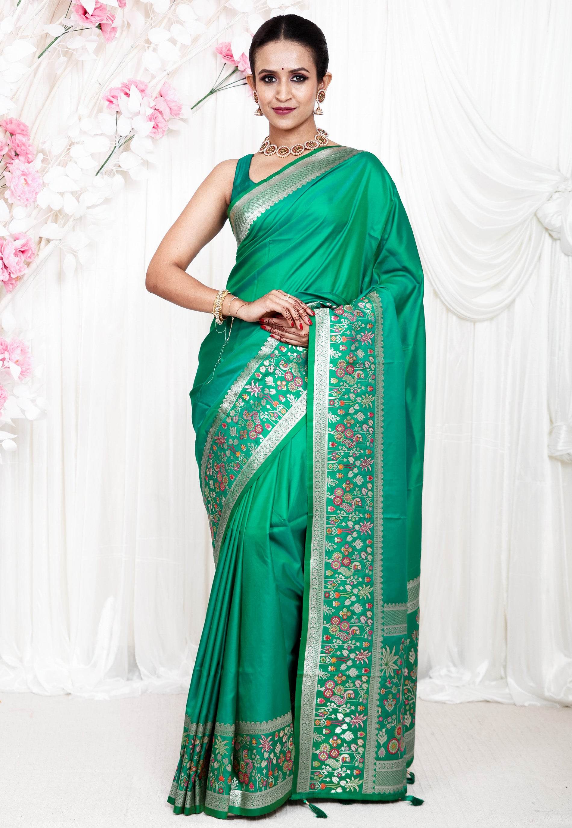Rama Green Katan Silk Saree With Blouse Piece - Adi Akshoy & Co.