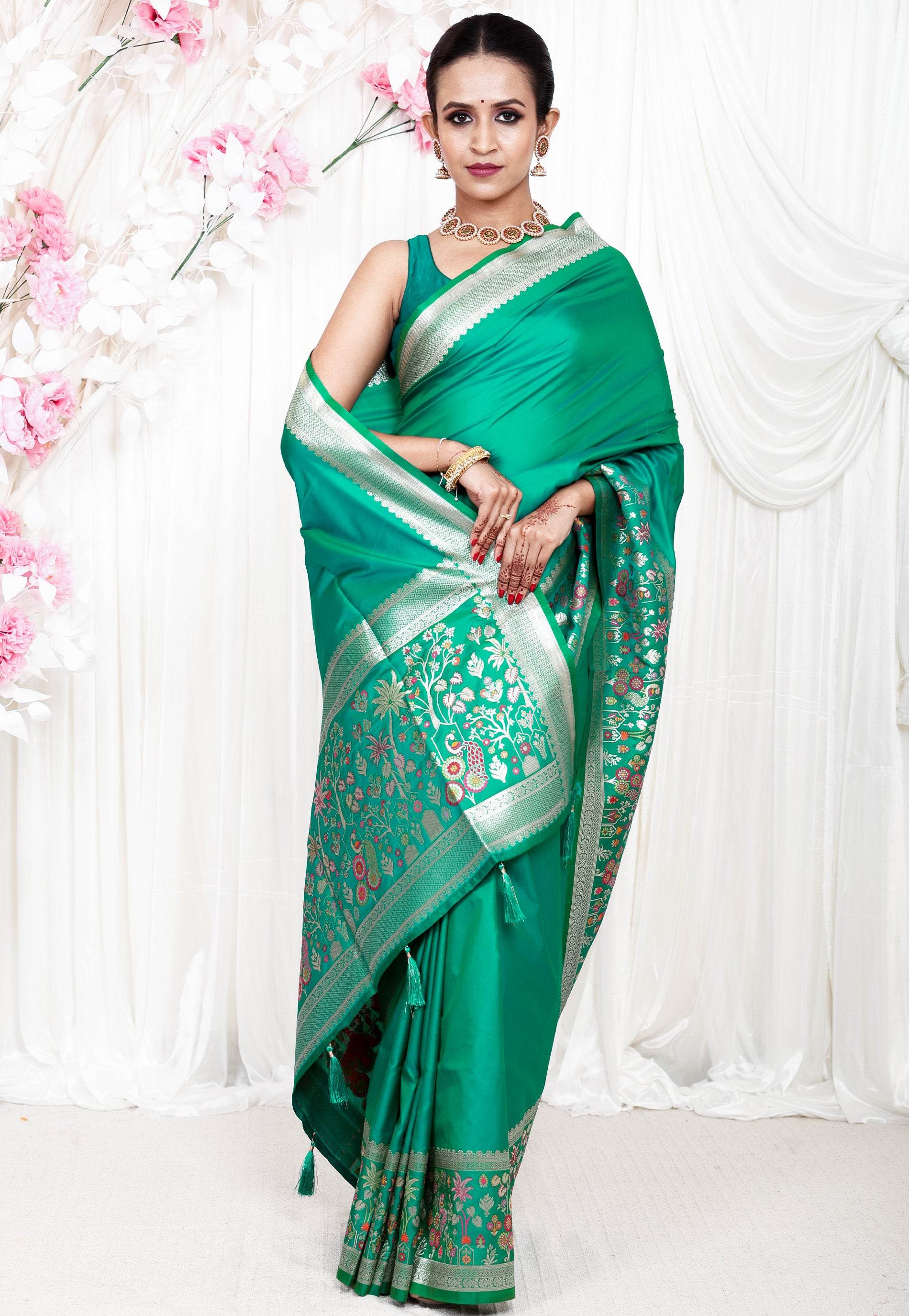 Rama Green Katan Silk Saree With Blouse Piece - Adi Akshoy & Co.