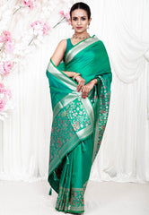 Rama Green Katan Silk Saree With Blouse Piece - Adi Akshoy & Co.