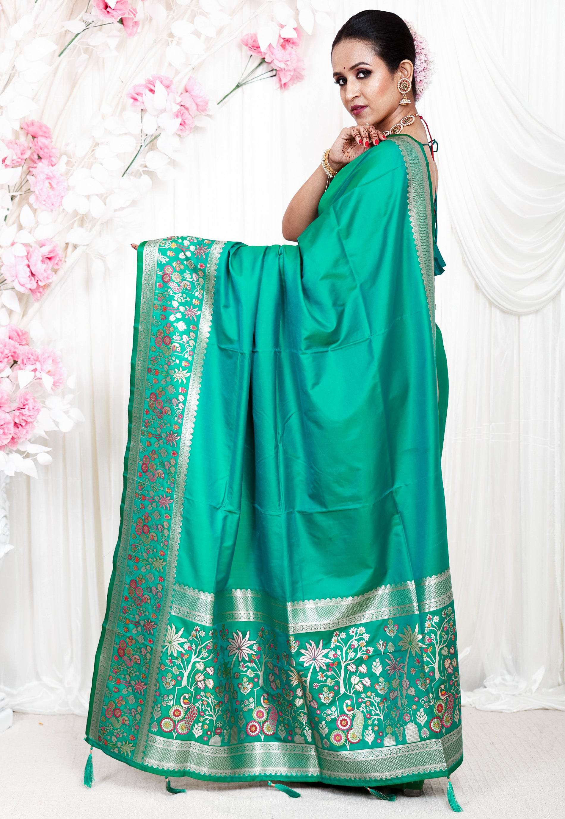 Rama Green Katan Silk Saree With Blouse Piece - Adi Akshoy & Co.