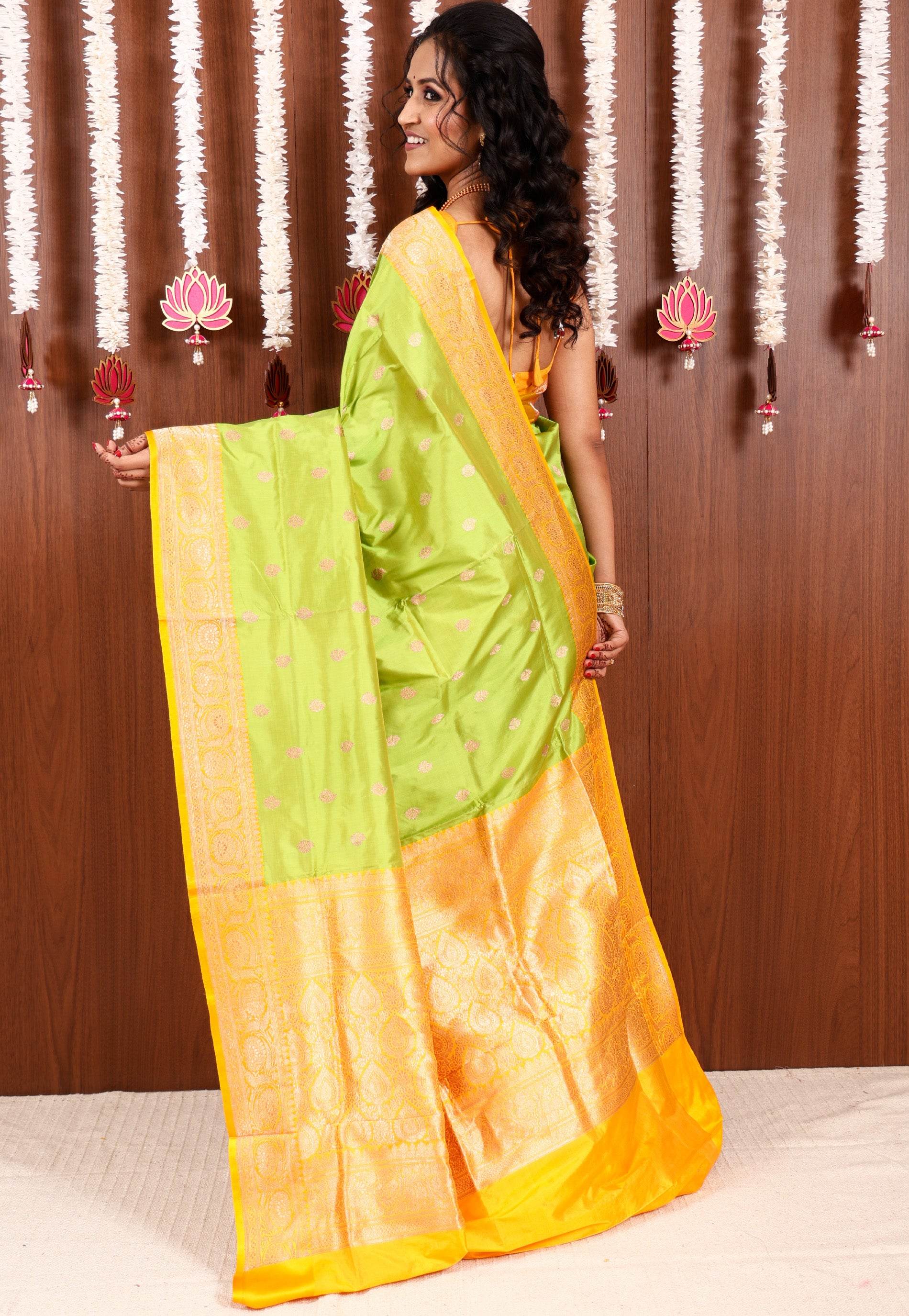 Parrot Green with Yellow Border Kadwa Katan Silk Saree With Blouse Piece - Adi Akshoy & Co.
