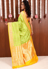 Parrot Green with Yellow Border Kadwa Katan Silk Saree With Blouse Piece - Adi Akshoy & Co.