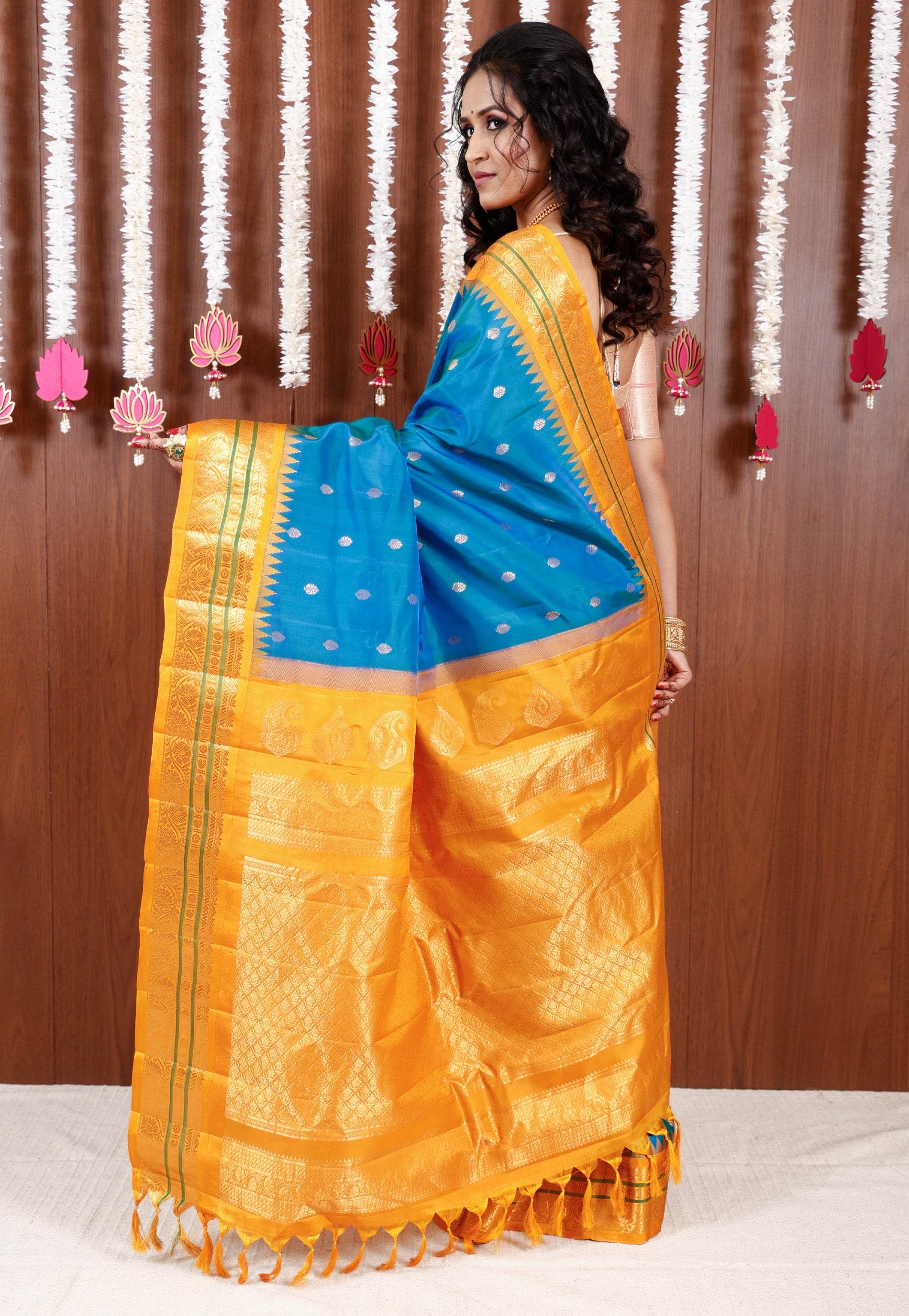 Cross Blue with Golden Yellow Border Gadwal Saree With Blouse Piece - Adi Akshoy & Co.