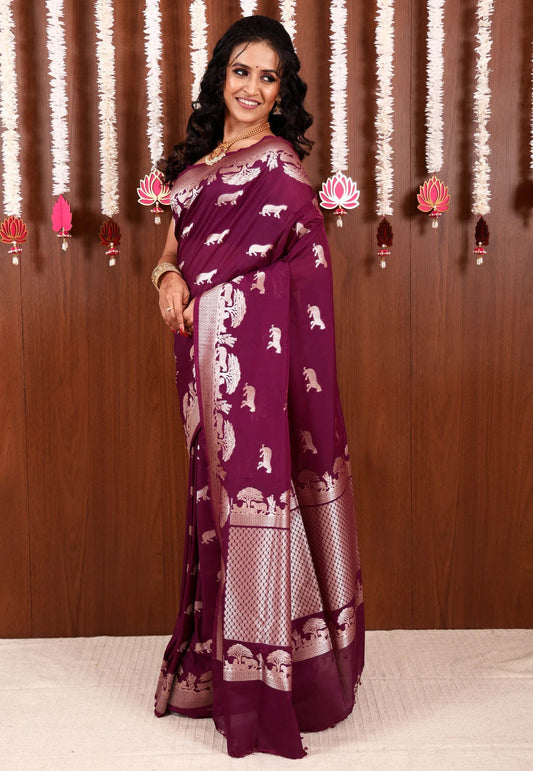 Purple Katan Silk Saree With Blouse Piece - Adi Akshoy & Co.