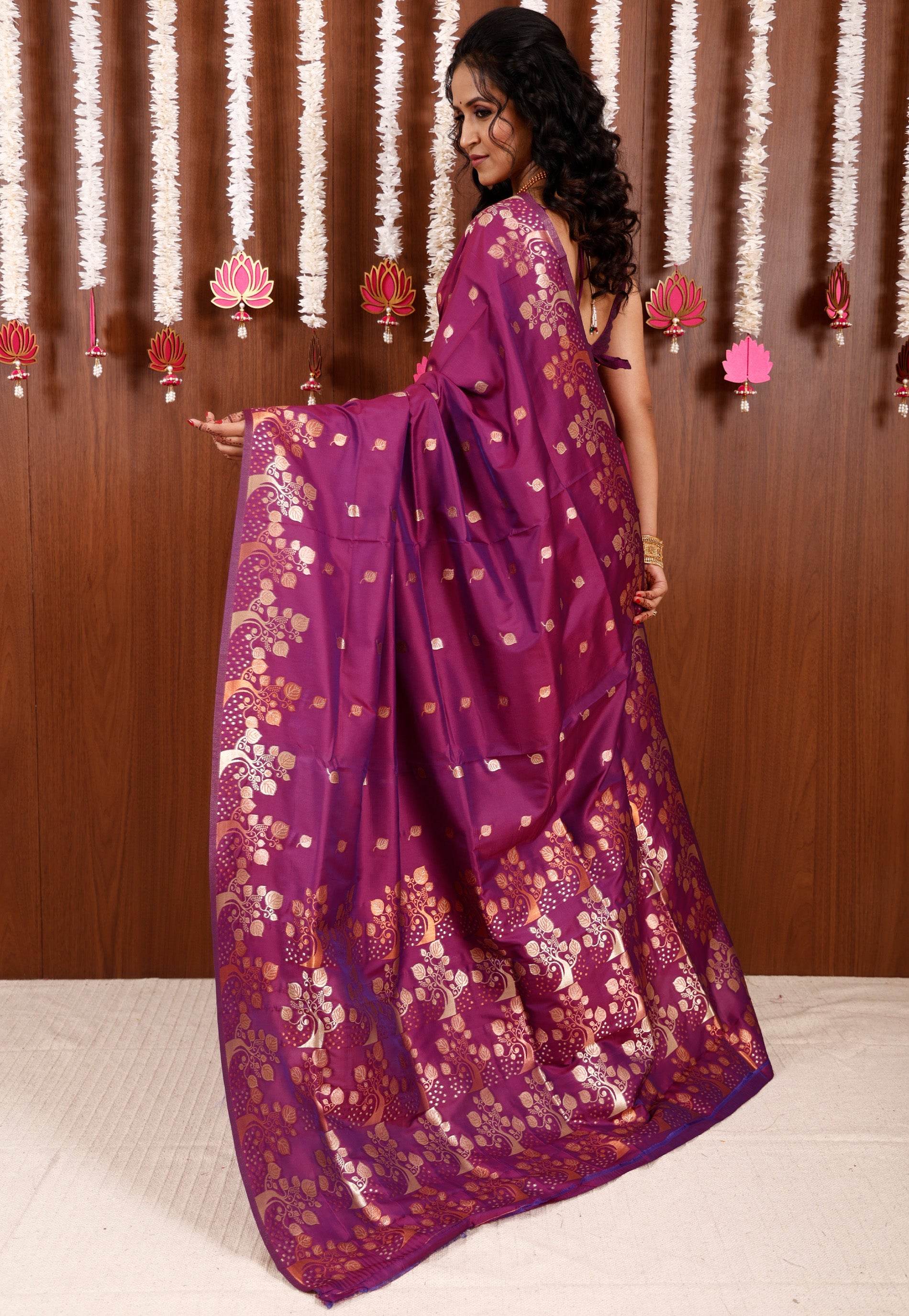 Purple Katan Silk Saree With Blouse Piece - Adi Akshoy & Co.