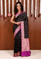 Black with Magenta Minakari Border Kadwa Katan Pure Silk Saree With Blouse Piece - Adi Akshoy & Co.
