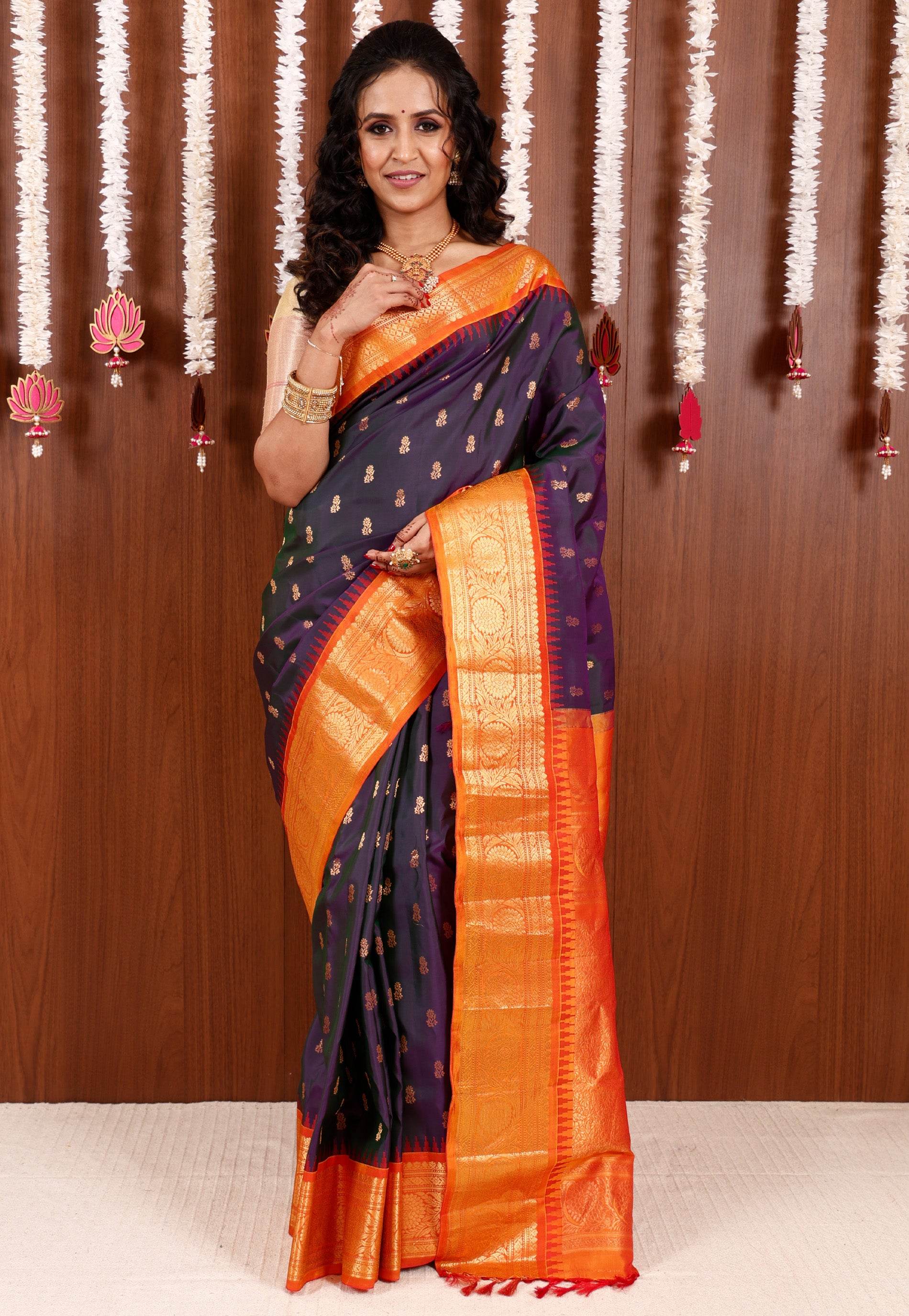 Cross Purple with Orange Border Gadwal Saree With Blouse Piece - Adi Akshoy & Co.