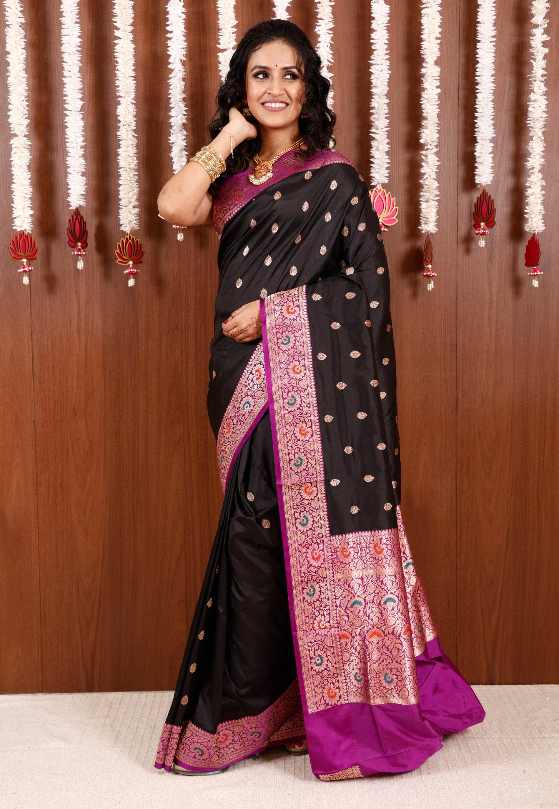 Black with Magenta Minakari Border Kadwa Katan Pure Silk Saree With Blouse Piece - Adi Akshoy & Co.