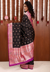 Black with Magenta Minakari Border Kadwa Katan Pure Silk Saree With Blouse Piece - Adi Akshoy & Co.