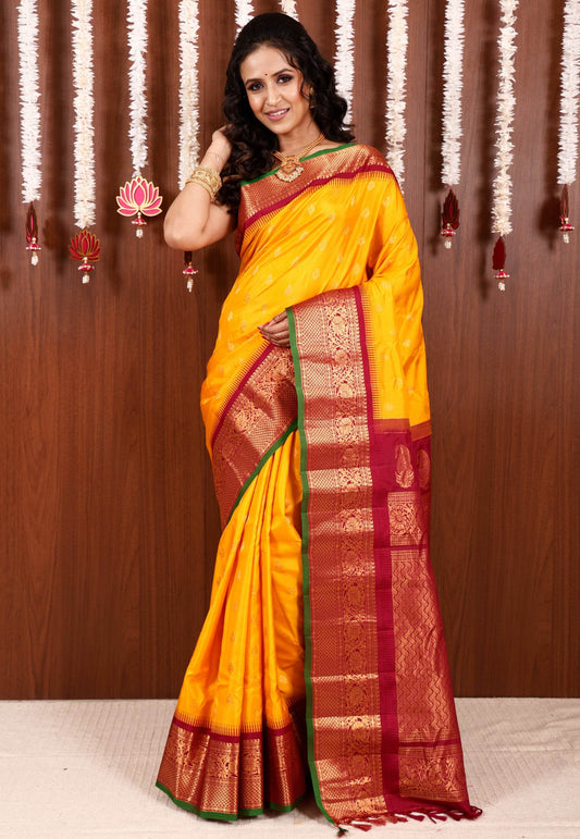Yellow with Maroon Border Gadwal Saree With Blouse Piece - Adi Akshoy & Co.
