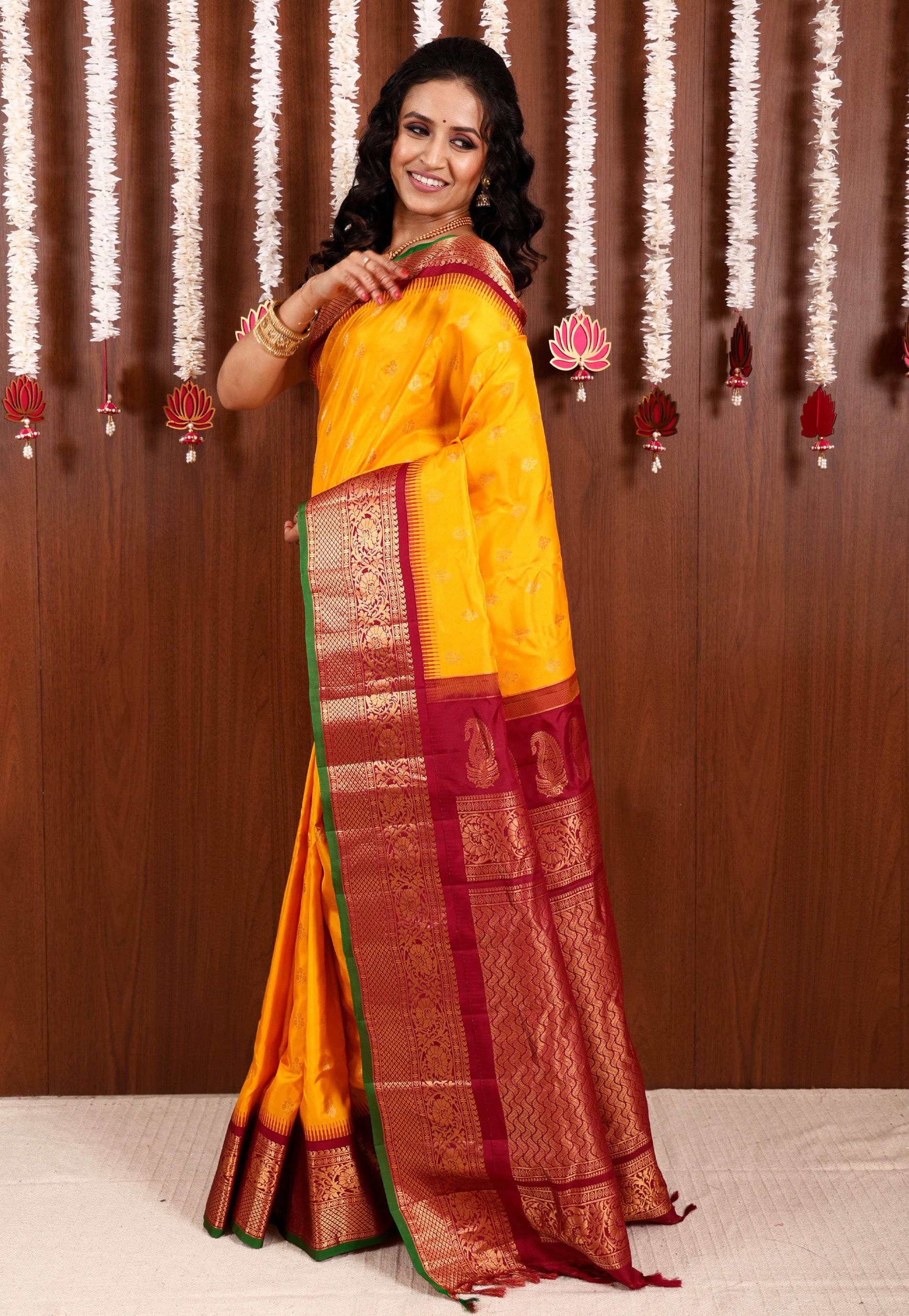 Yellow with Maroon Border Gadwal Saree With Blouse Piece - Adi Akshoy & Co.