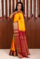 Yellow with Maroon Border Gadwal Saree With Blouse Piece - Adi Akshoy & Co.