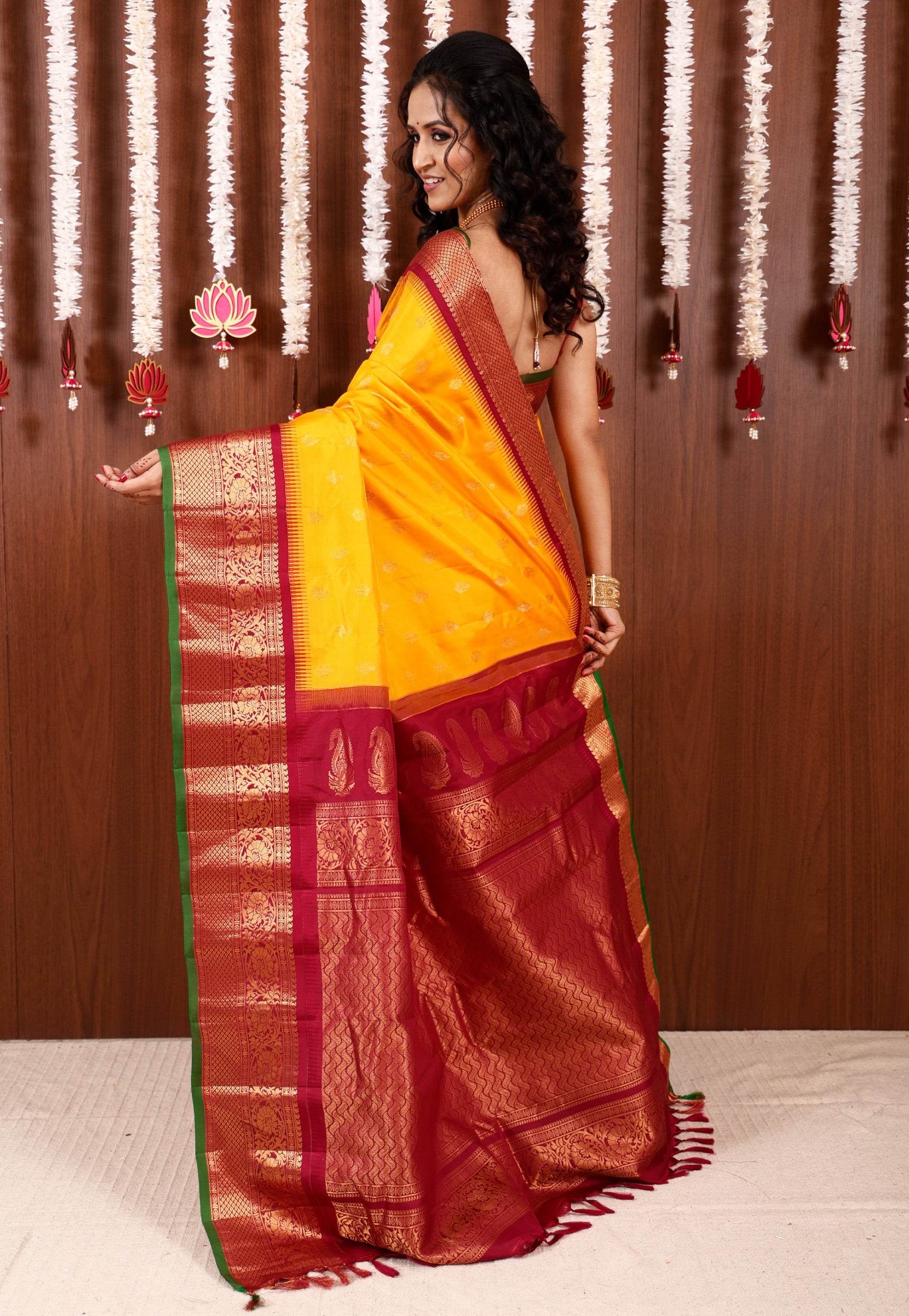 Yellow with Maroon Border Gadwal Saree With Blouse Piece - Adi Akshoy & Co.