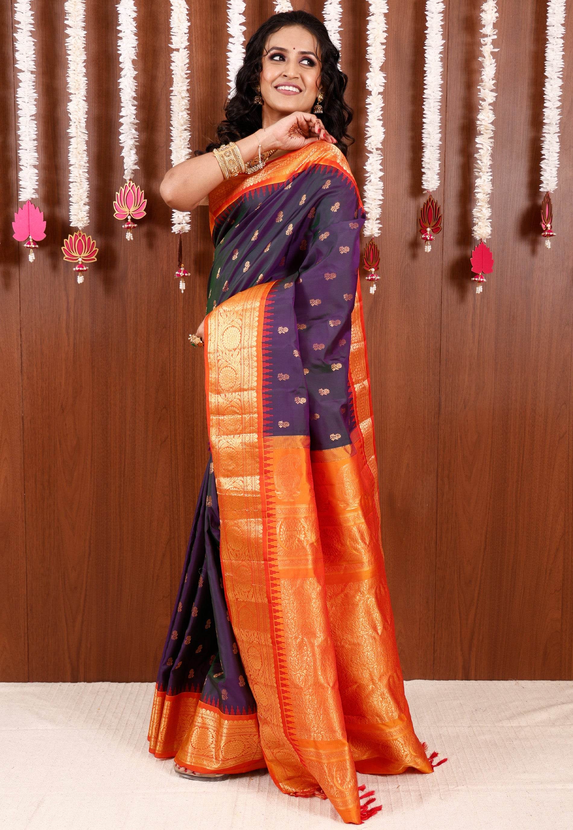 Cross Purple with Orange Border Gadwal Saree With Blouse Piece - Adi Akshoy & Co.