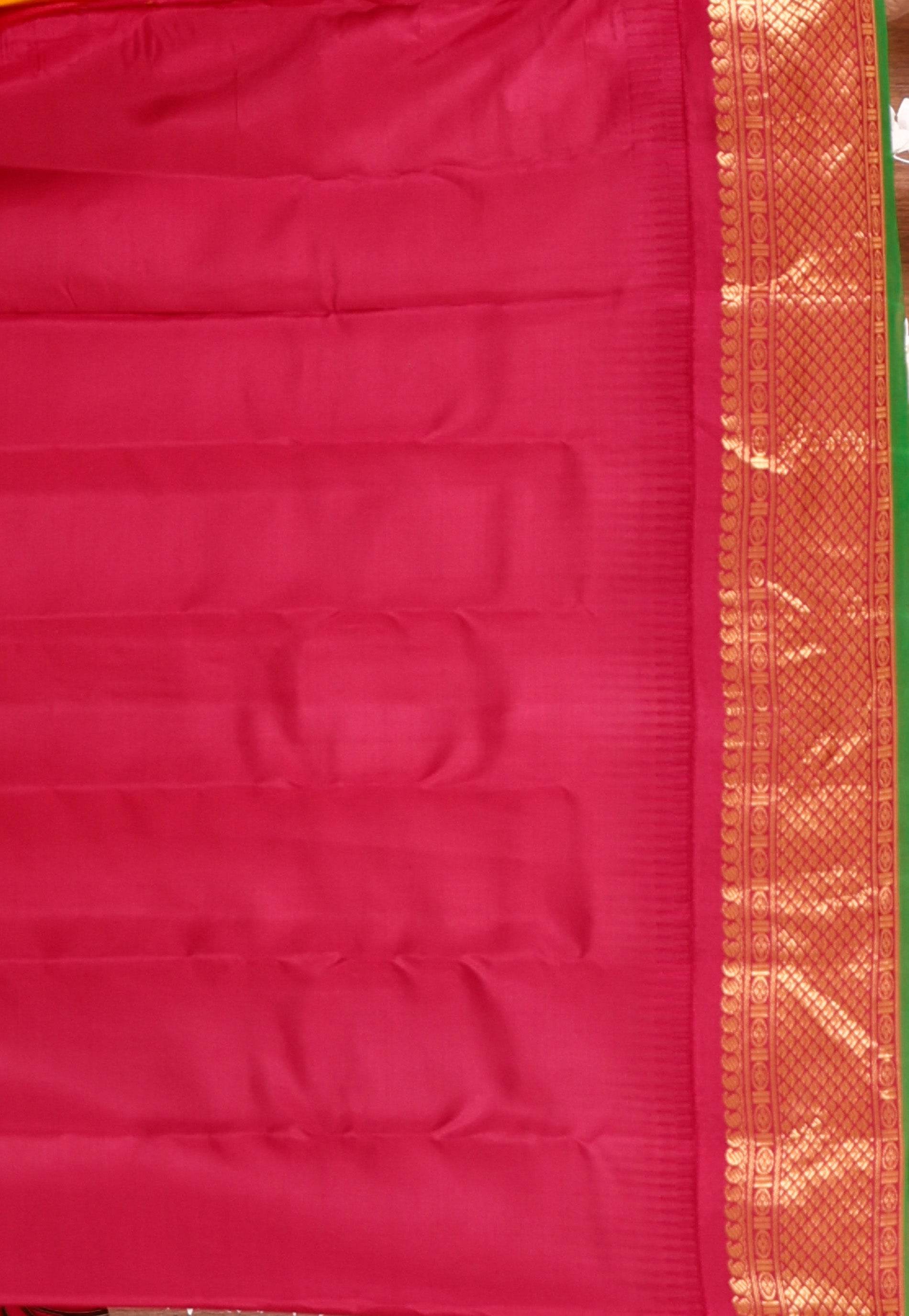 Yellow with Maroon Border Gadwal Saree With Blouse Piece - Adi Akshoy & Co.