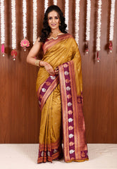 Mehendi Green with Magenta Border Kanjivaram Silk Saree With Blouse Piece - Adi Akshoy & Co.