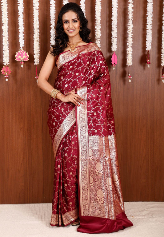 Maroon Wedding Banarasi Silk Saree with Blouse Piece - Adi Akshoy & Co.