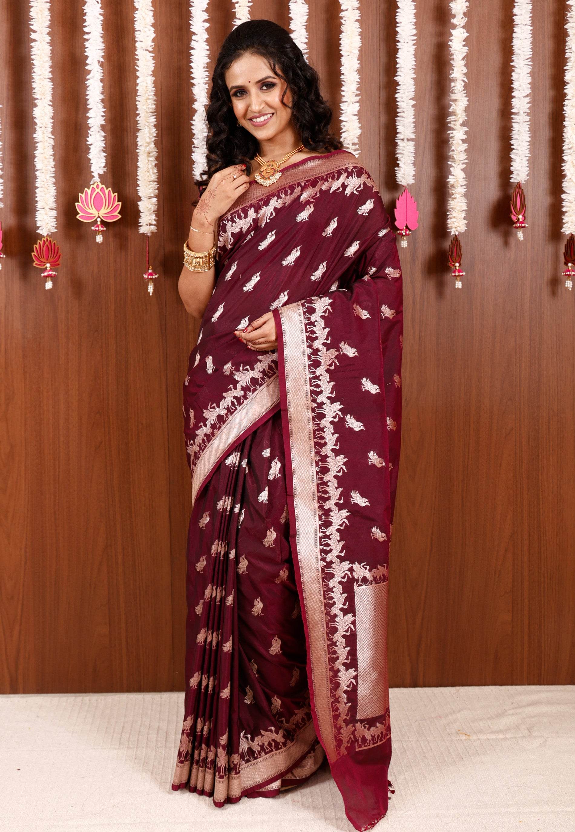 Magenta Katan Silk Saree With Blouse Piece - Adi Akshoy & Co.