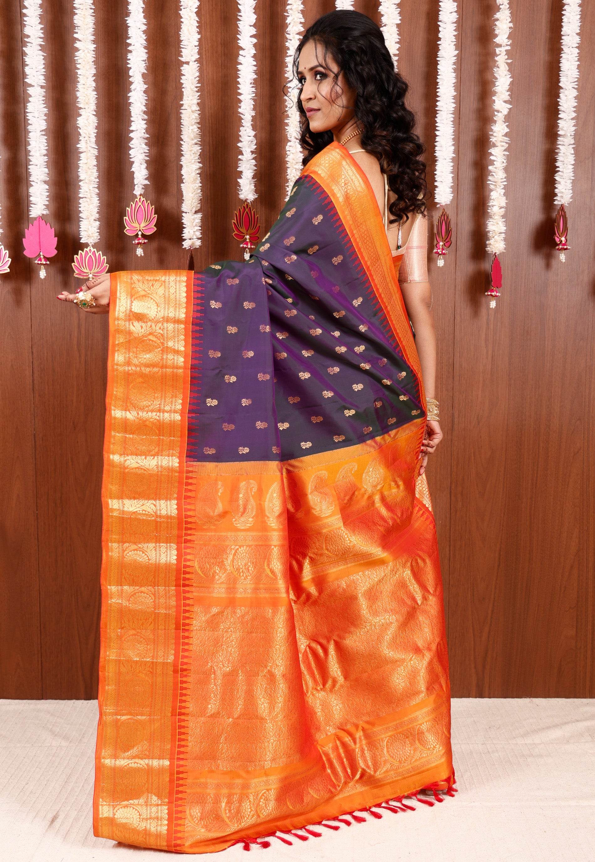 Cross Purple with Orange Border Gadwal Saree With Blouse Piece - Adi Akshoy & Co.