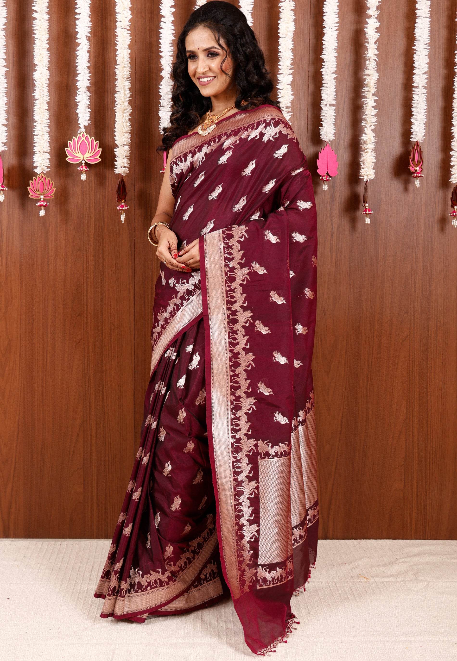 Magenta Katan Silk Saree With Blouse Piece - Adi Akshoy & Co.
