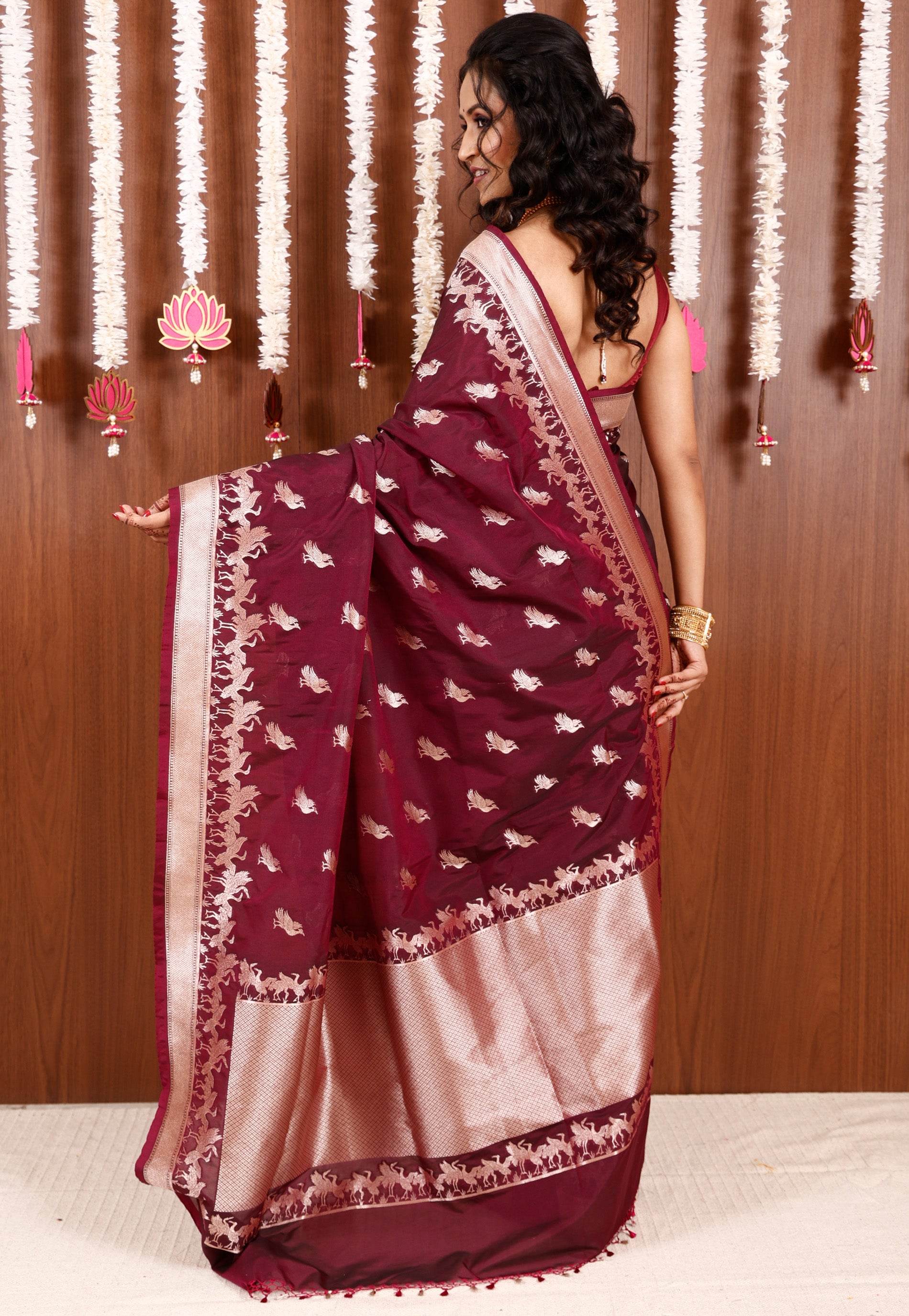 Magenta Katan Silk Saree With Blouse Piece - Adi Akshoy & Co.