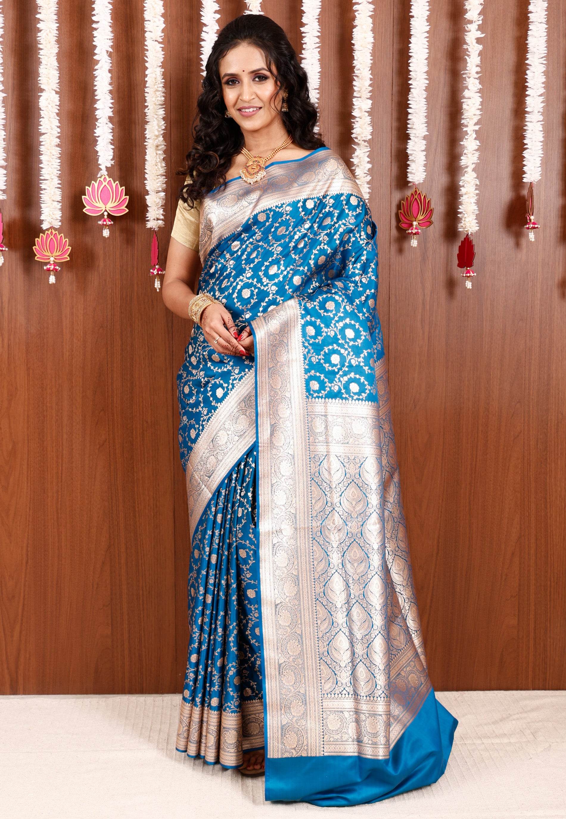 Feroza Blue Wedding Banarasi Silk Saree with Blouse Piece - Adi Akshoy & Co.
