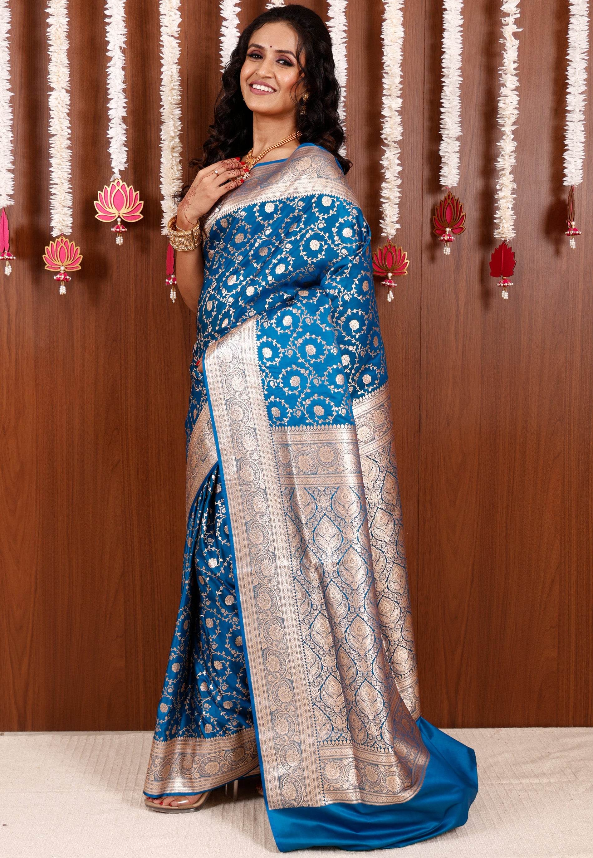 Feroza Blue Wedding Banarasi Silk Saree with Blouse Piece - Adi Akshoy & Co.
