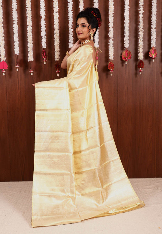Golden Tissue Kanjivaram Pure Silk Saree With Blouse Piece - Adi Akshoy & Co.