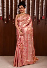 Peach Tissue Kanjivaram Pure Silk Saree With Blouse Piece - Adi Akshoy & Co.