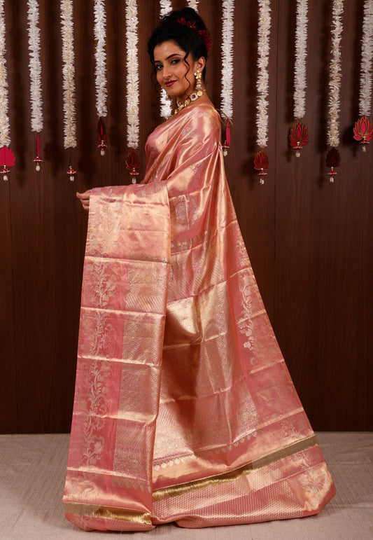 Peach Tissue Kanjivaram Pure Silk Saree With Blouse Piece - Adi Akshoy & Co.