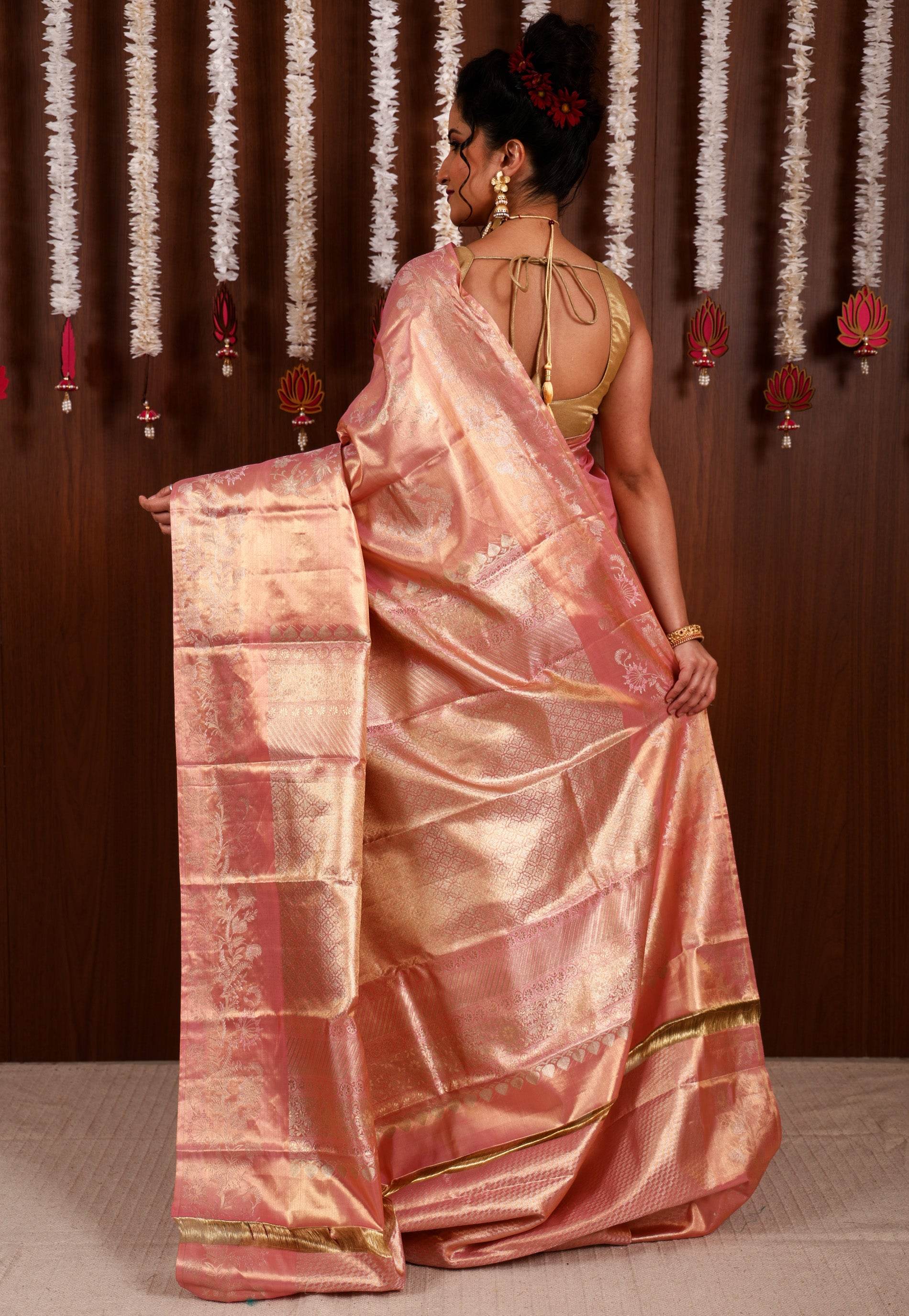 Peach Tissue Kanjivaram Pure Silk Saree With Blouse Piece - Adi Akshoy & Co.