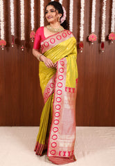 Lime Green with Rani Pink Border Kanjivaram Silk Saree With Blouse Piece - Adi Akshoy & Co.