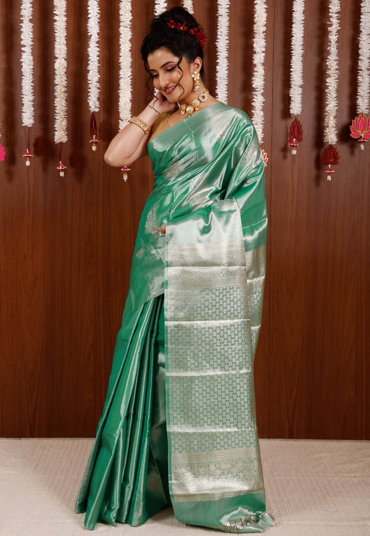 Sea Green Tissue Kanjivaram Pure Silk Saree With Blouse Piece - Adi Akshoy & Co.