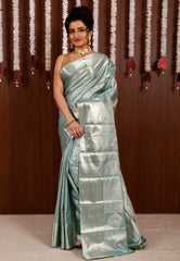 Sky Blue Tissue Kanjivaram Pure Silk Saree With Blouse Piece - Adi Akshoy & Co.