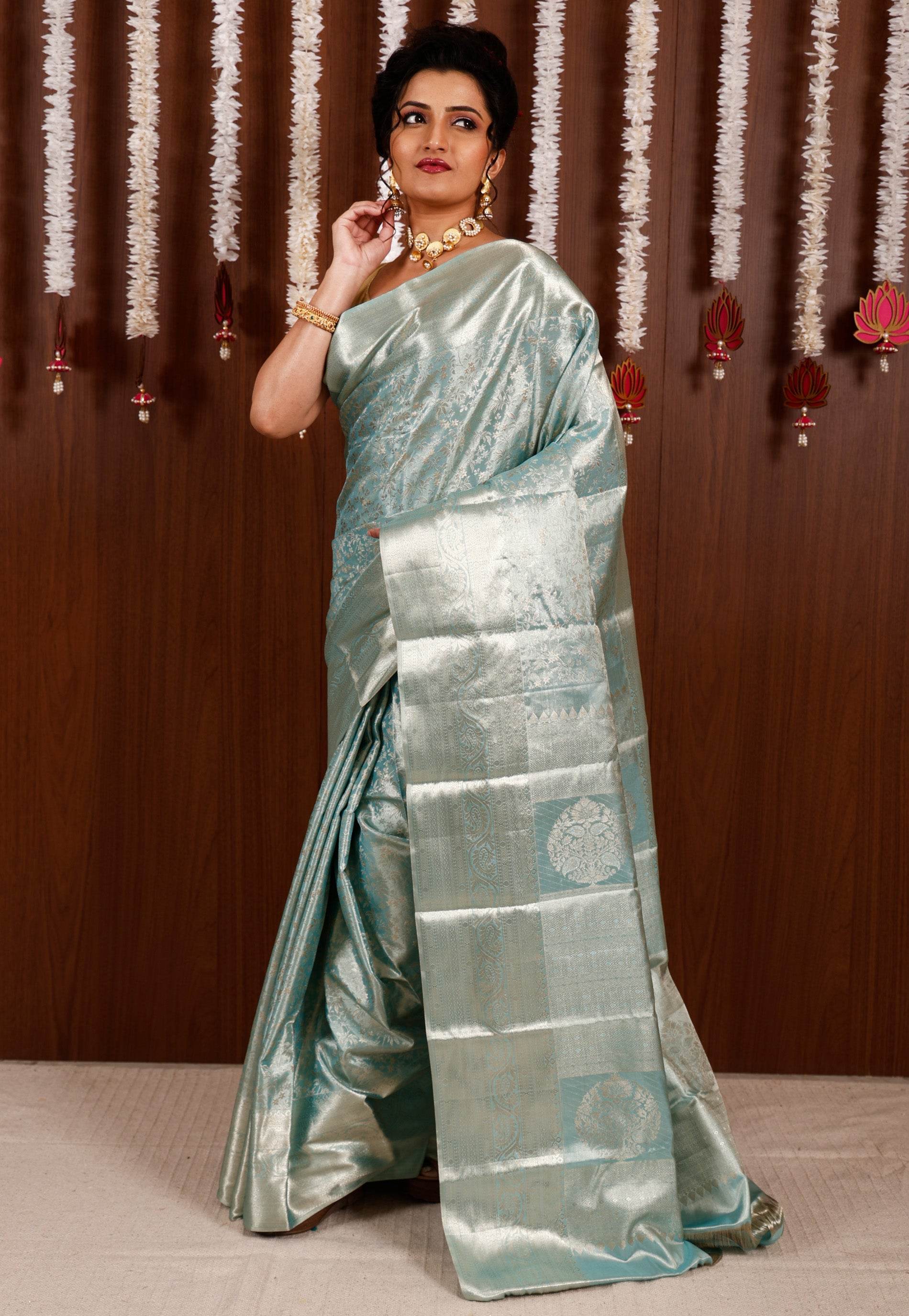 Sky Blue Tissue Kanjivaram Pure Silk Saree With Blouse Piece - Adi Akshoy & Co.