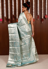 Sky Blue Tissue Kanjivaram Pure Silk Saree With Blouse Piece - Adi Akshoy & Co.