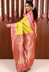 Lime Green with Rani Pink Border Kanjivaram Silk Saree With Blouse Piece - Adi Akshoy & Co.