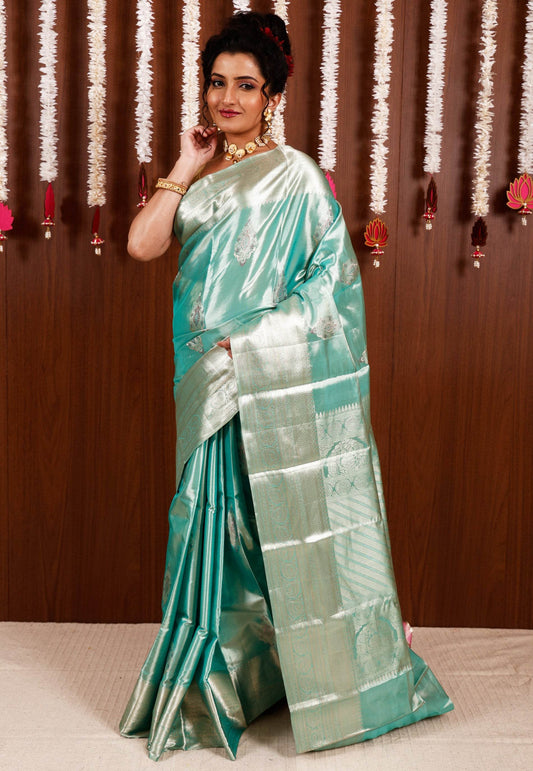Sea Green Tissue Kanjivaram Pure Silk Saree With Blouse Piece - Adi Akshoy & Co.