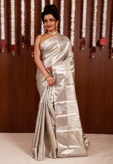 Silver Tissue Kanjivaram Pure Silk Saree With Blouse Piece - Adi Akshoy & Co.