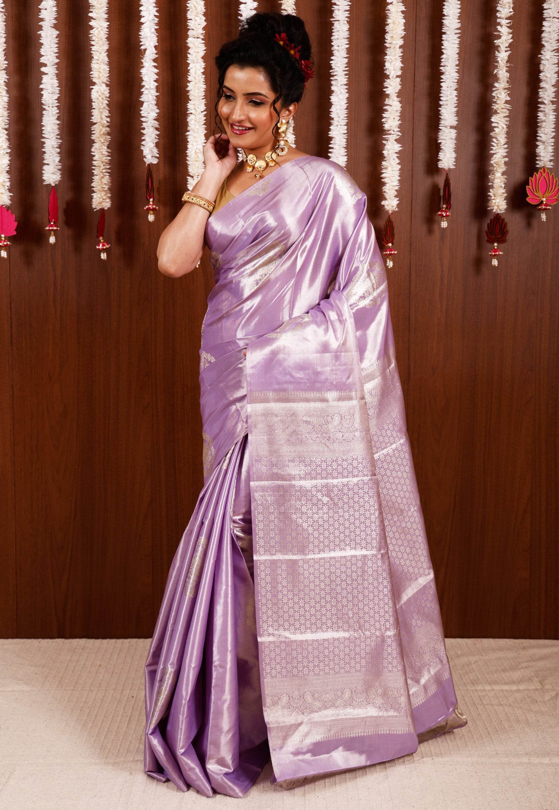 Mauve Tissue Kanjivaram Pure Silk Saree With Blouse Piece - Adi Akshoy & Co.