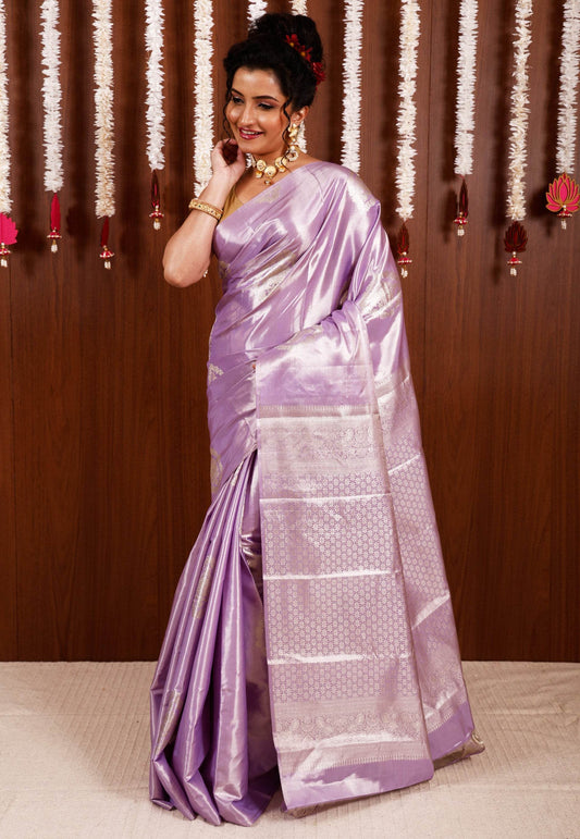 Mauve Tissue Kanjivaram Pure Silk Saree With Blouse Piece - Adi Akshoy & Co.