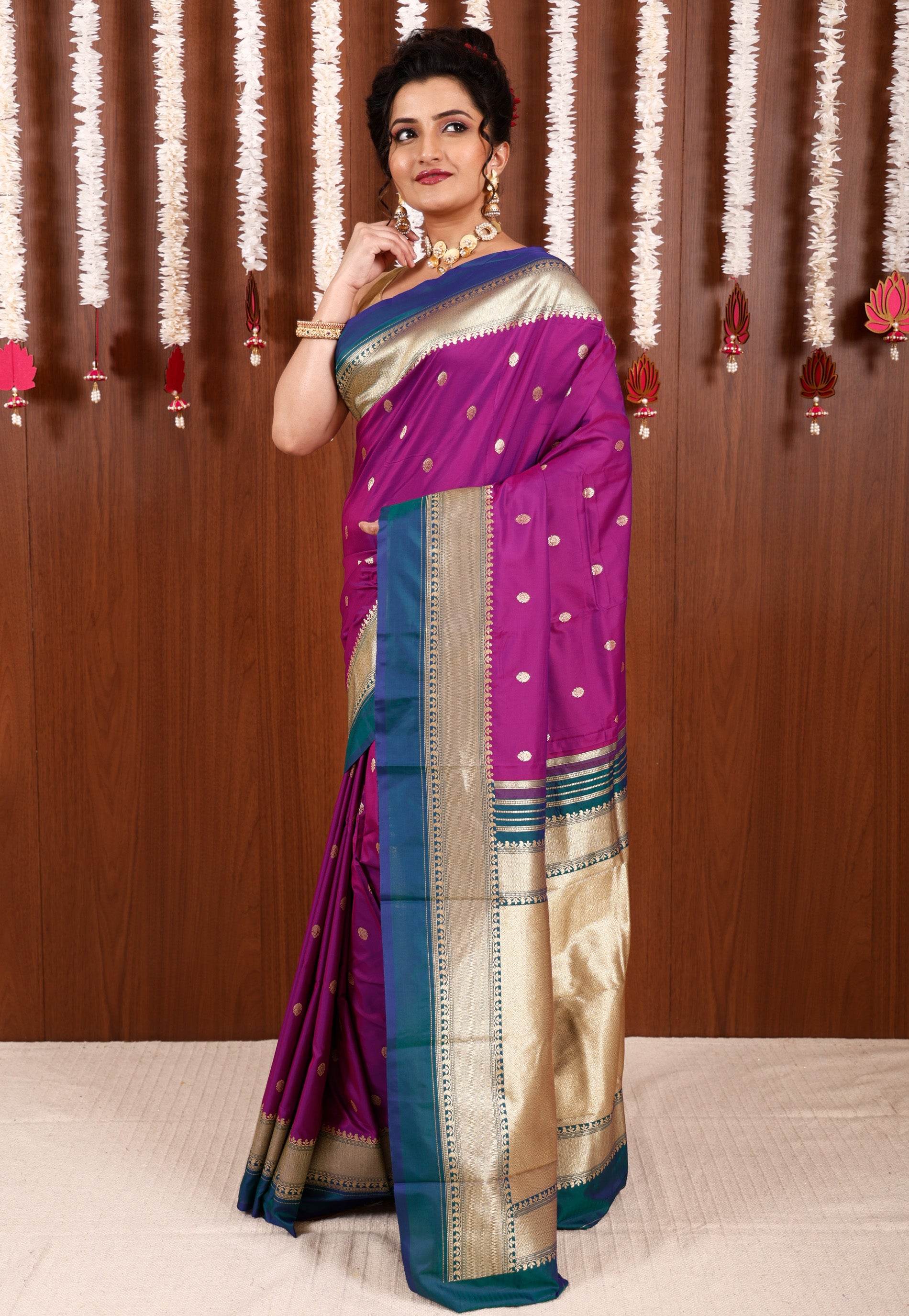 Magenta with Peacock Blue Border Kanjivaram Silk Saree With Blouse Piece - Adi Akshoy & Co.
