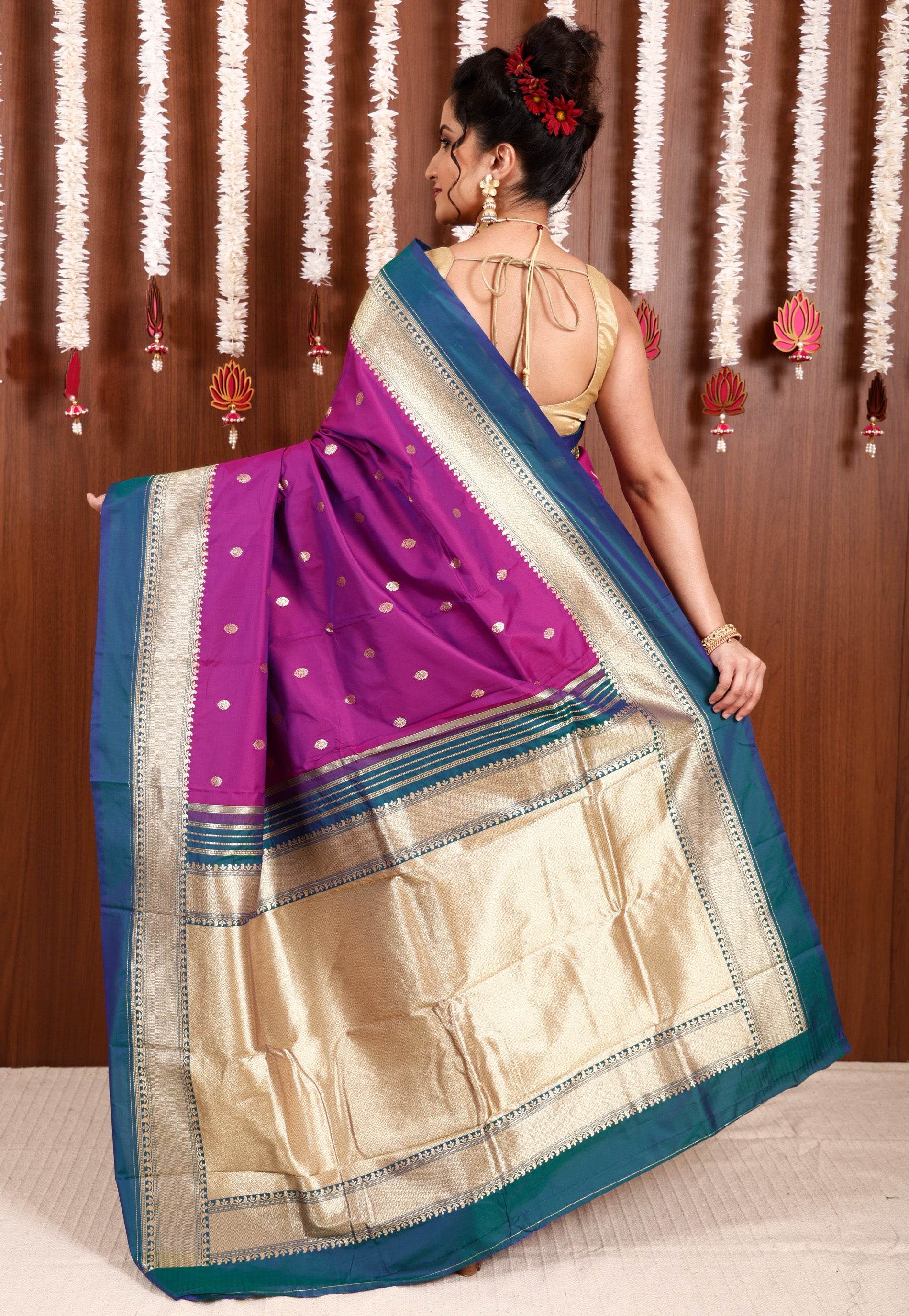 Magenta with Peacock Blue Border Kanjivaram Silk Saree With Blouse Piece - Adi Akshoy & Co.