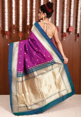 Magenta with Peacock Blue Border Kanjivaram Silk Saree With Blouse Piece - Adi Akshoy & Co.