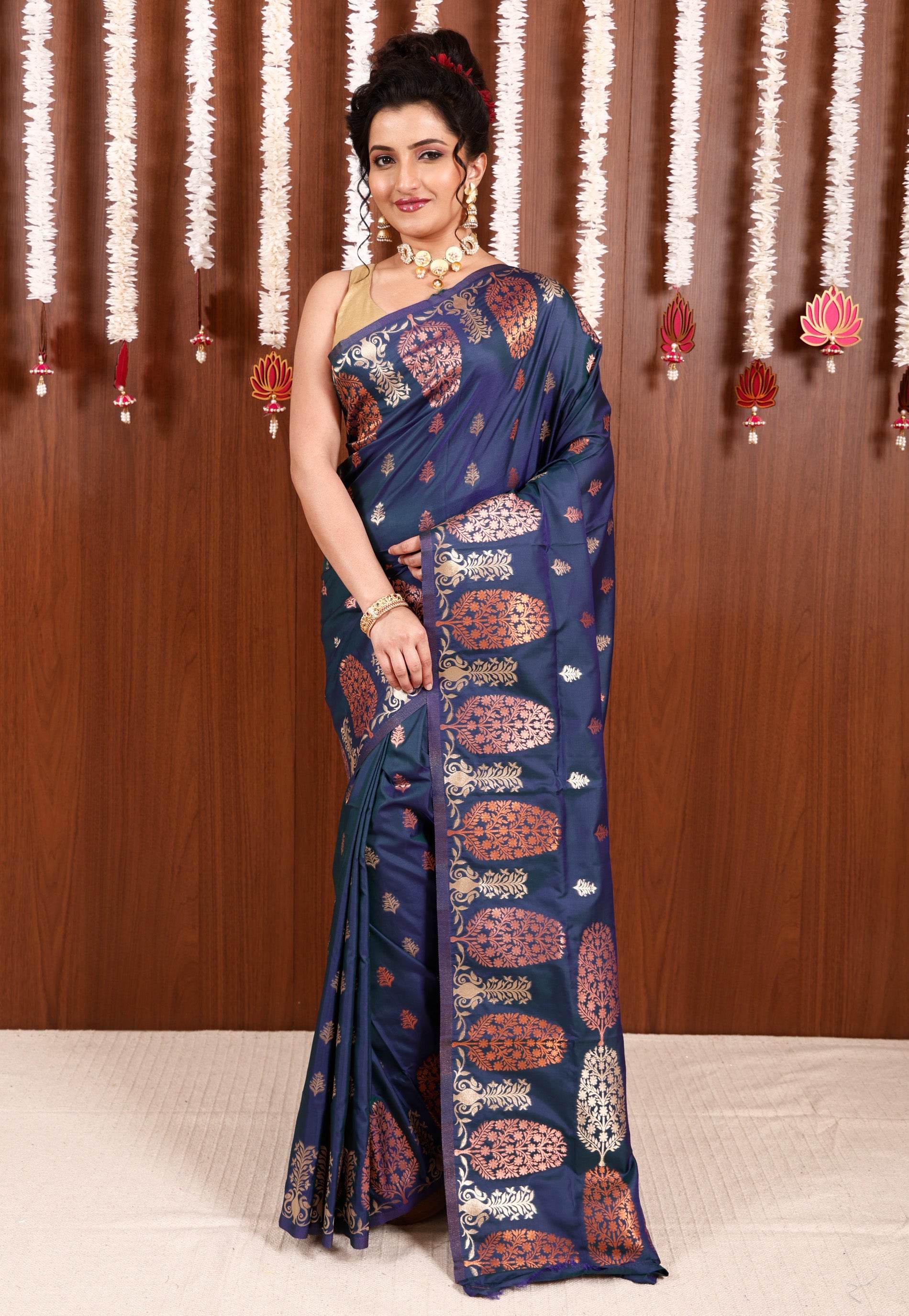 Peacock Blue Katan Silk Saree With Blouse Piece - Adi Akshoy & Co.