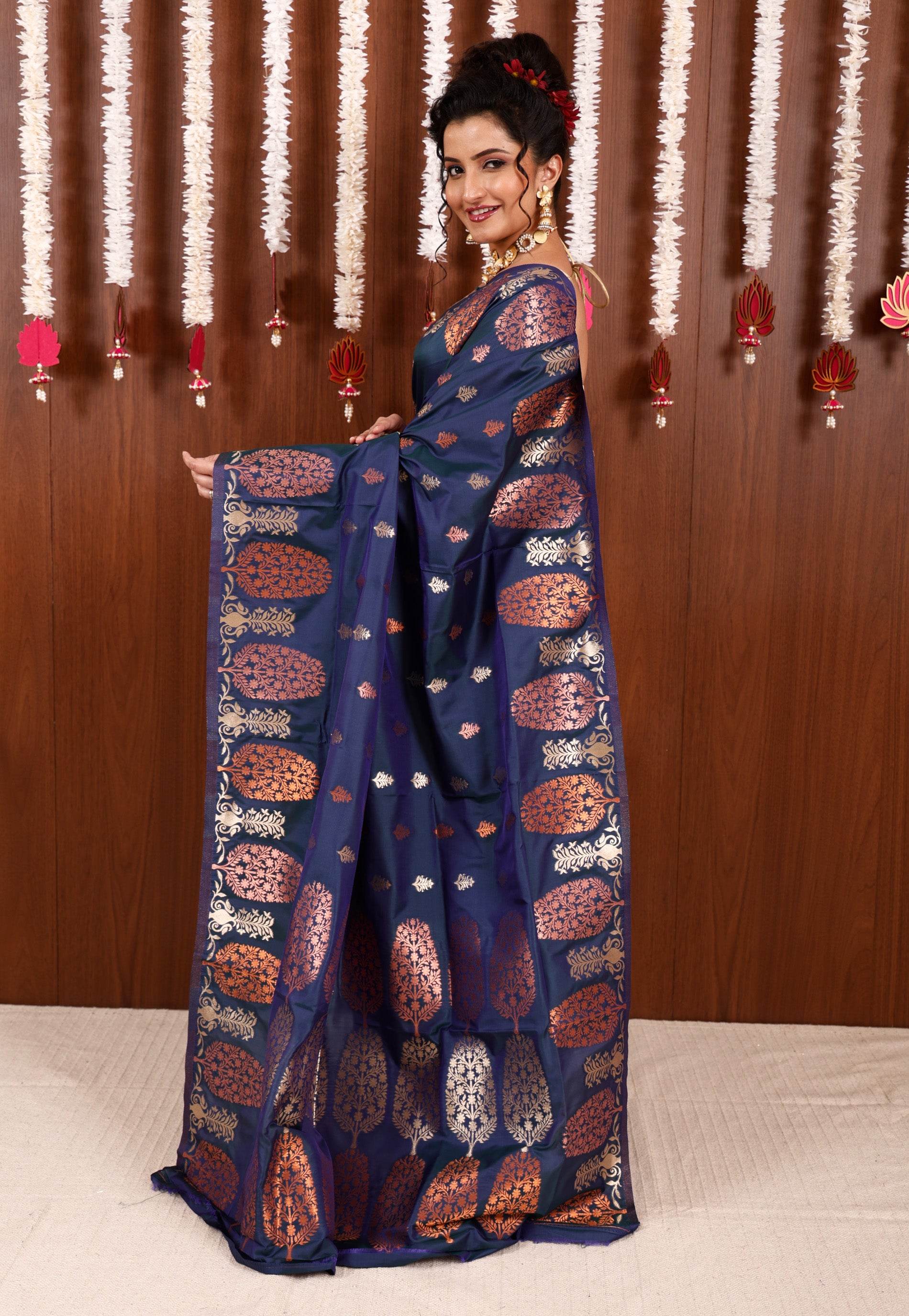 Peacock Blue Katan Silk Saree With Blouse Piece - Adi Akshoy & Co.