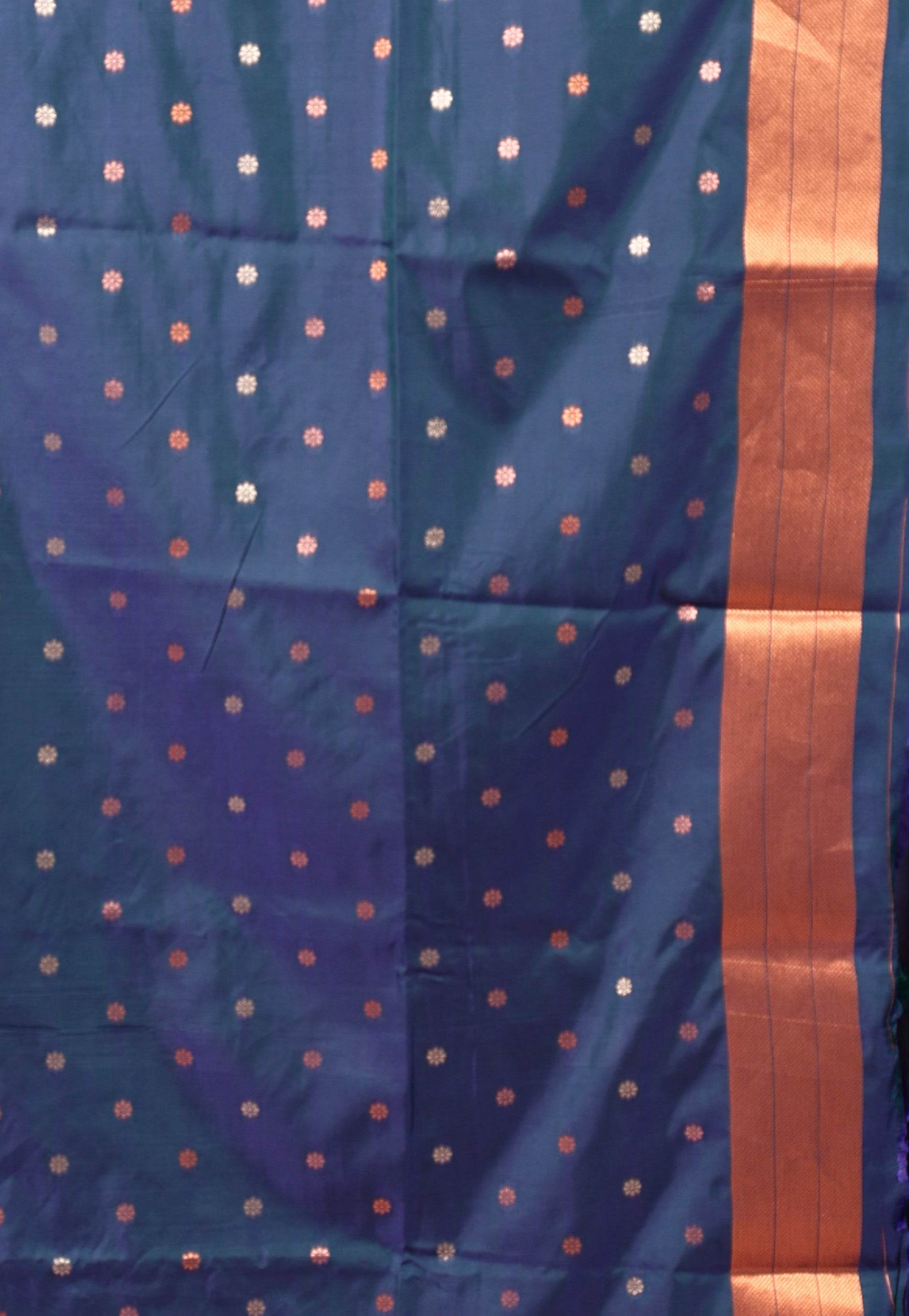 Peacock Blue Katan Silk Saree With Blouse Piece - Adi Akshoy & Co.